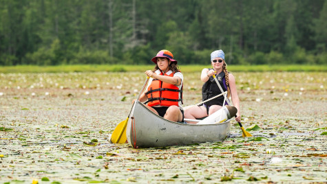 Two people paddle a canoe across a lake covered in lily pads.