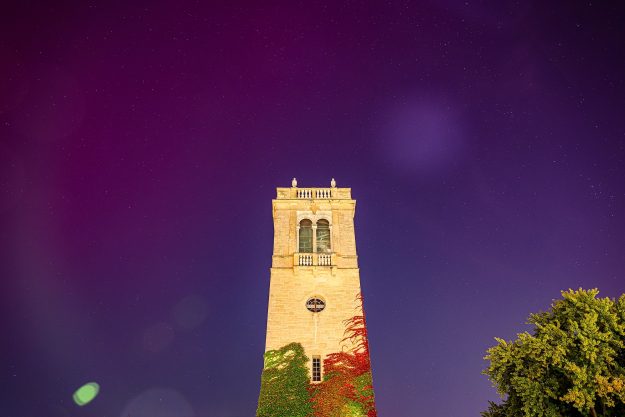 The northern lights provided a beautiful backdrop for the Carillon Tower, now draped in its fall colors.