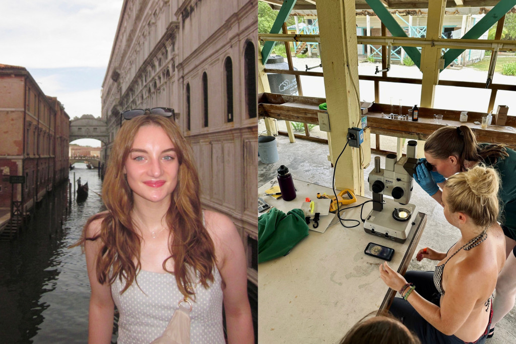 Two photos; one shows a young woman by a canal in Italy, another shows her looking in a microscope in a lab in Belize.