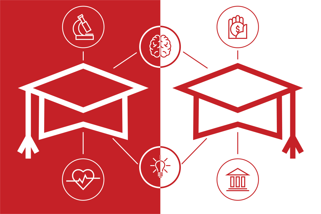 A red and white illustration shows two graduation caps with symbols of various majors connected to them.