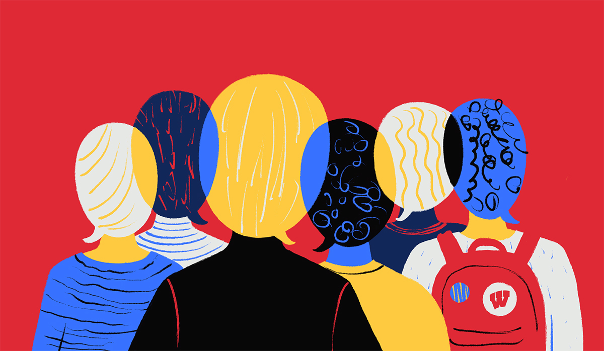 Illustration of people from behind with heads made out of speech bubbles