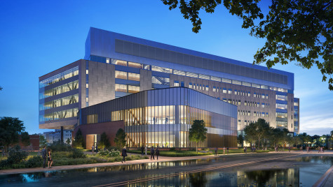 An artist's rendering of the facade of the new College of Engineering building shows a mid-rise elevation with a reflection pond in the foreground.