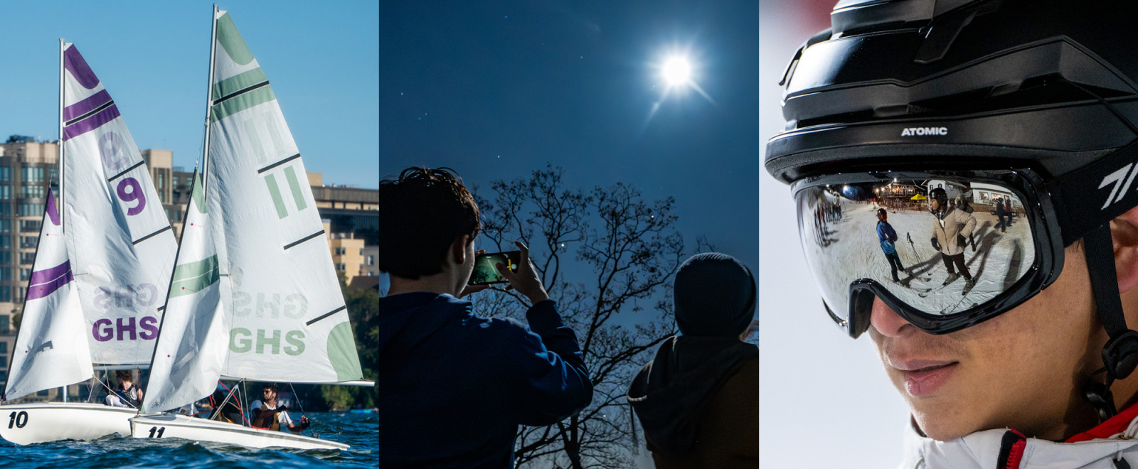 A composite of three images - a sailboat on water, people hiking under a moon, and a skier wearing a ski mask on the slopes.