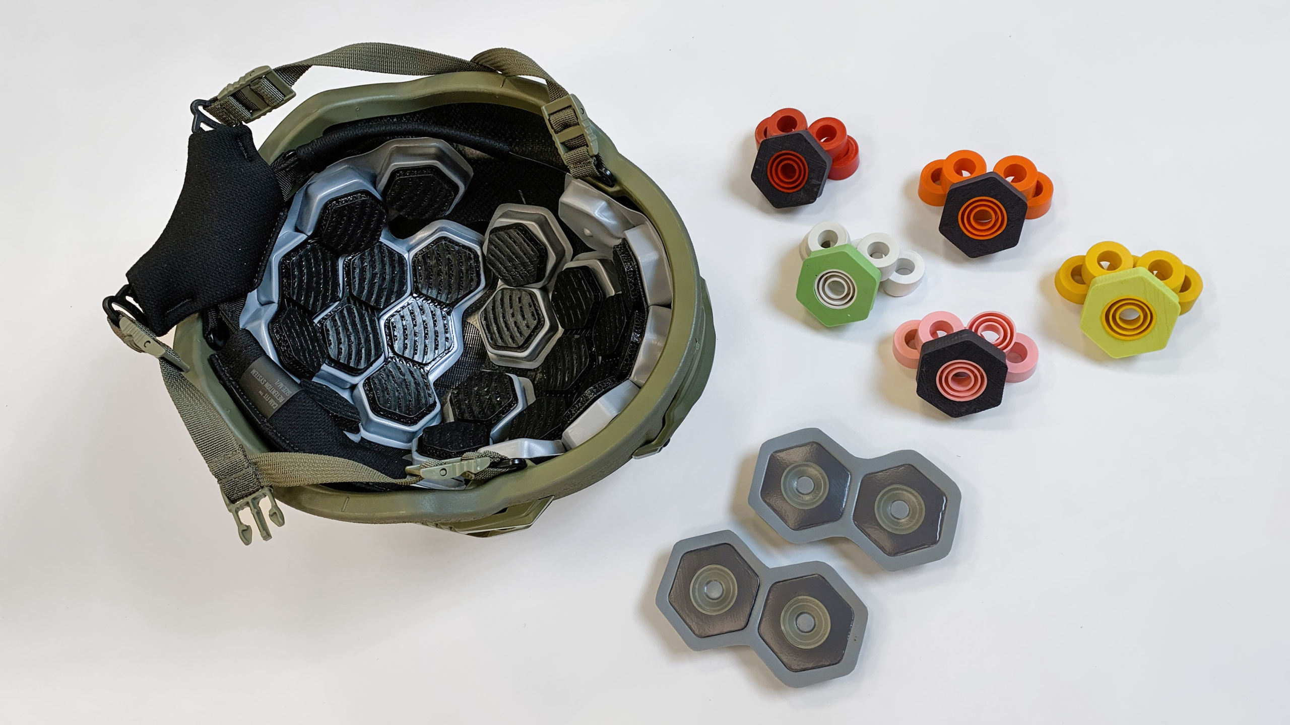 The underside of the helmet liner system prototype and inserts.