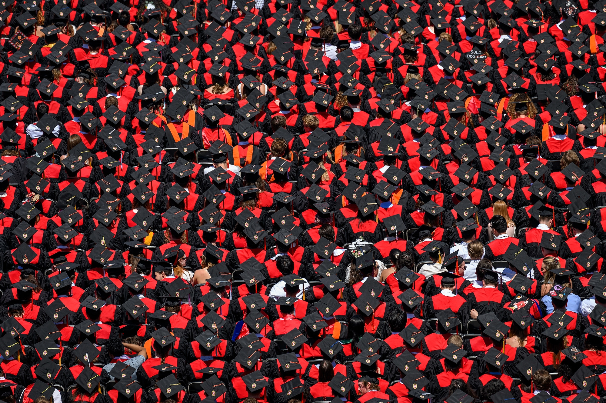 A photo from above fills the frame with a sea of back caps and red gowns.