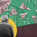 Photo illustration showing large scissors cutting a hundred dollar bill into little pieces. In the foreground, the back of an elderly person is visible with a dark building and an image of brain scans in the background. At the right of the image, a gloved hand is holding a test tube.