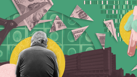 Photo illustration showing large scissors cutting a hundred dollar bill into little pieces. In the foreground, the back of an elderly person is visible with a dark building and an image of brain scans in the background. At the right of the image, a gloved hand is holding a test tube.