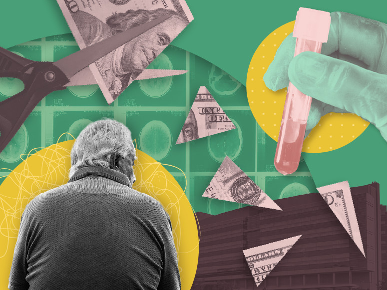 Photo illustration showing large scissors cutting a hundred dollar bill into little pieces. In the foreground, the back of an elderly person is visible.
