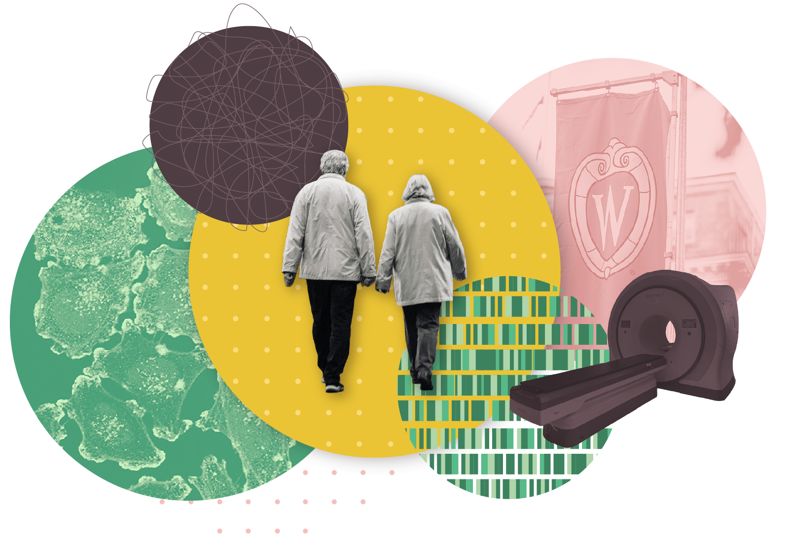 Photo illustration showing an older couple walking together from behind. The image also depicts circles with one displaying a microscopic image of cancer cells, another with a UW–Madison logo banner. There is also a photo of a PET machine used for medical imaging.
