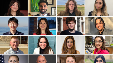A composite image shows headshots of 16 notable grads in four rows of four.