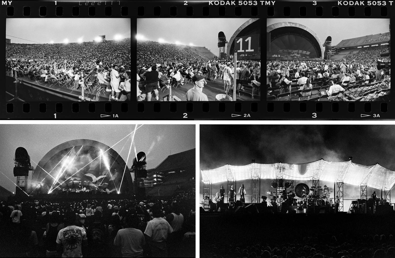 A photo collage that shows a film reel composition of the seated crowd on the Camp Randall field; a look at the arched stage and laser lights from the crowd's perspective; and a closer look at Pink Floyd band members on stage.