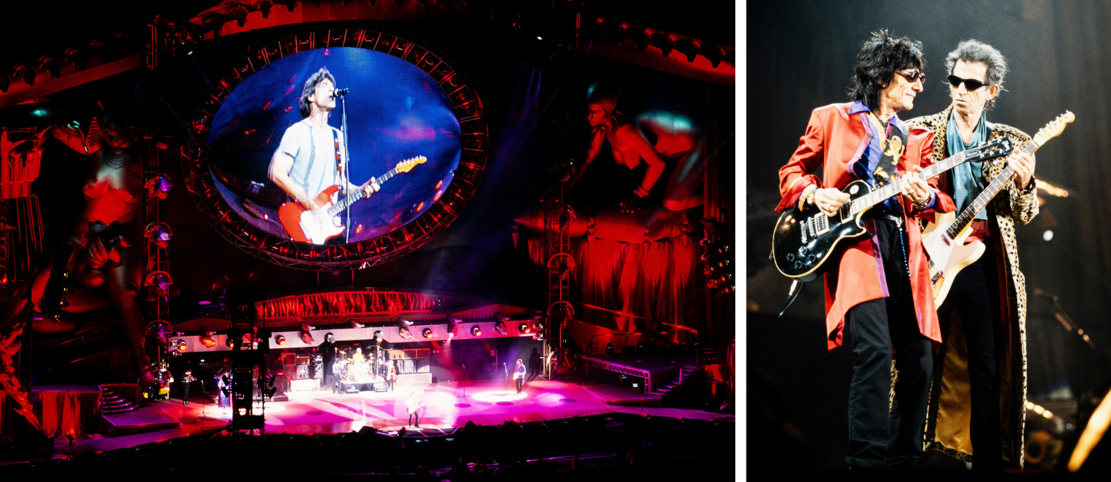 A photo collage that shows an overview of the stage with Rolling Stones lead singer Mick Jagger projected on a large oval screen, and a close-up of guitarists Ron Wood and Keith Richards playing next to each other.