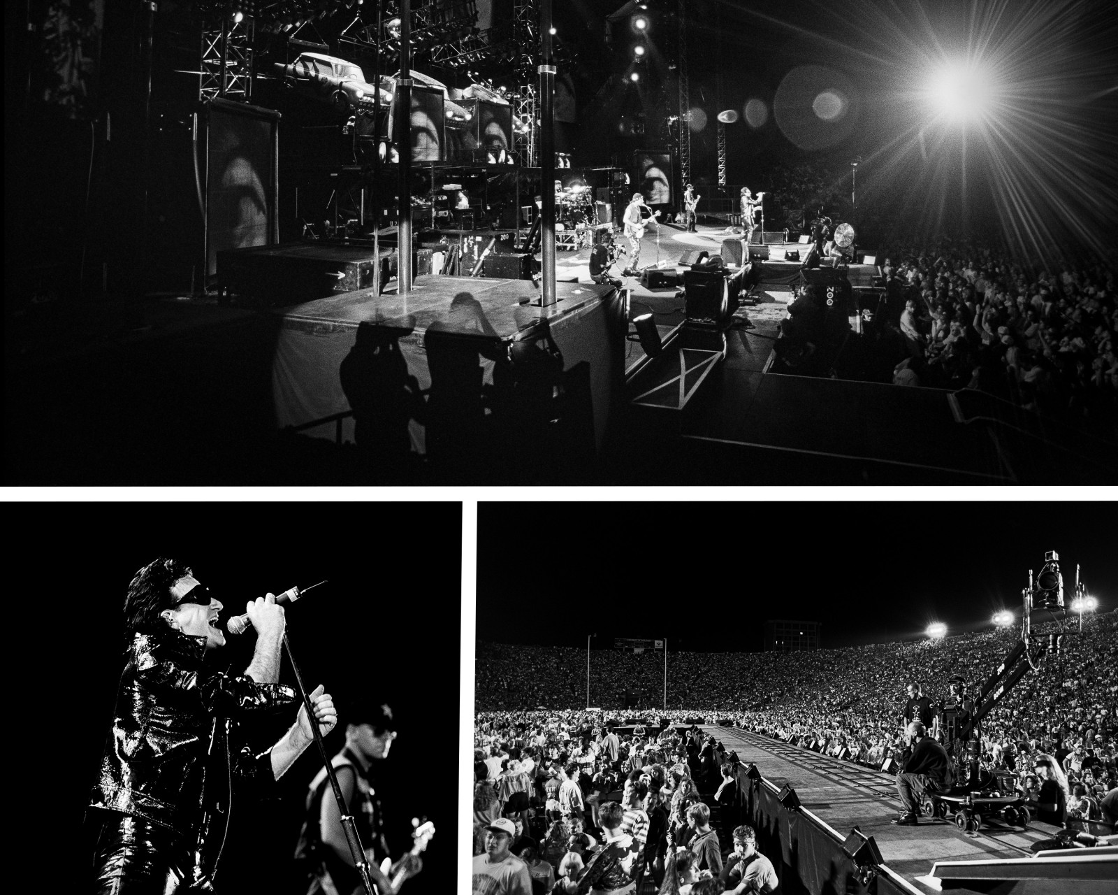 A photo collage that shows a side angle of U2 on stage during a performance, with large speakers and suspended vehicles behind them; a close-up of lead singer Bono wearing sunglasses and singing into a mic; and a wide angle of the crowd in the Camp Randall bowl.
