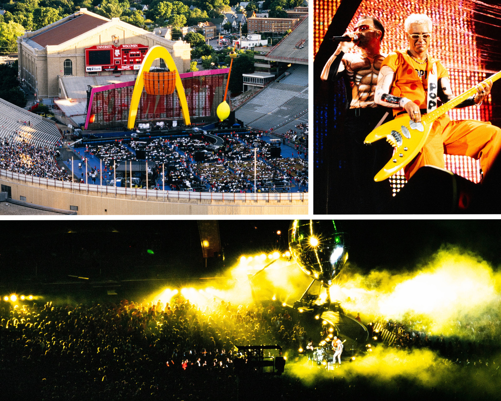 A photo collage that shows an aerial view of Camp Randall and the U2 stage, designed with a large yellow arch and prop lemon; a close-up of lead singer Bono on mic and guitarist Adam Clayton in playful costumes; and a side angle of the stage and crowd, with smoke filling the air.