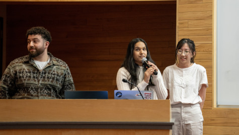 A young woman holds the microphone and addresses the class from behind the podim.