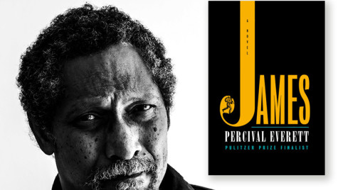 Headshot of author Percival Everett, next to his book, 'James'.