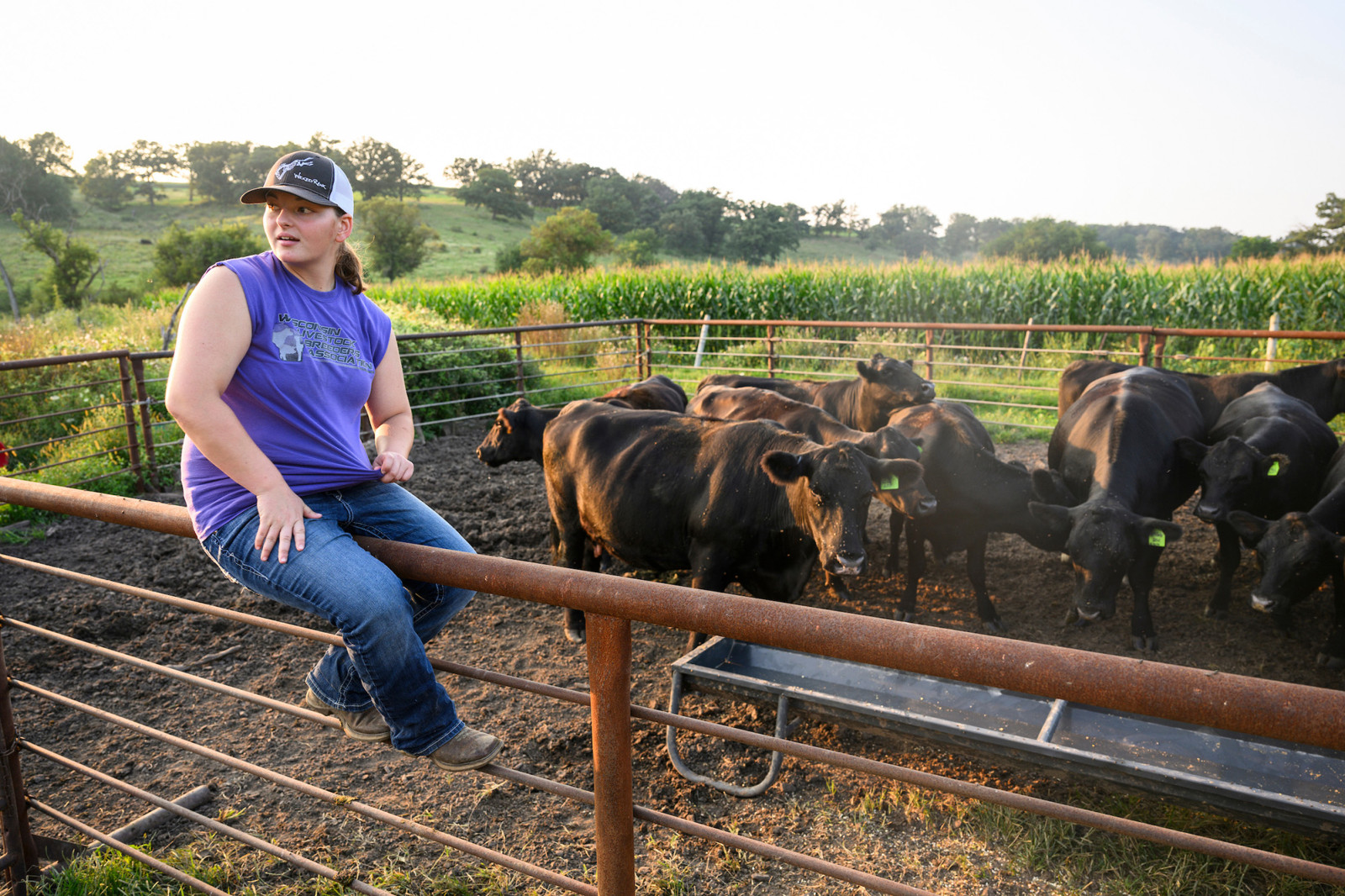 Mason sits on a metal cattle fence and looks at something not pictured in the frame. The black Angus purebred cattle that her family owns are eating from a large metal feeding trough inside of the cattle fence.