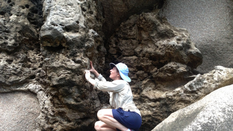 Dutton crouches on a rock while observing the fossil corals exposed in a limestone outcrop.