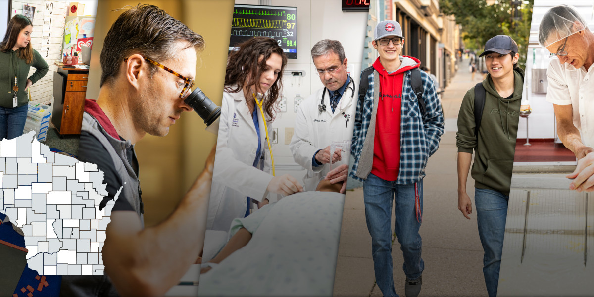 Series of five images: teacher pointing to screen in elementary classroom; person looking through a microscope; doctor and student performing procedure; two students walking, person making cheese