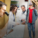 Series of five images: teacher pointing to screen in elementary classroom; person looking through a microscope; doctor and student performing procedure; two students walking, person making cheese