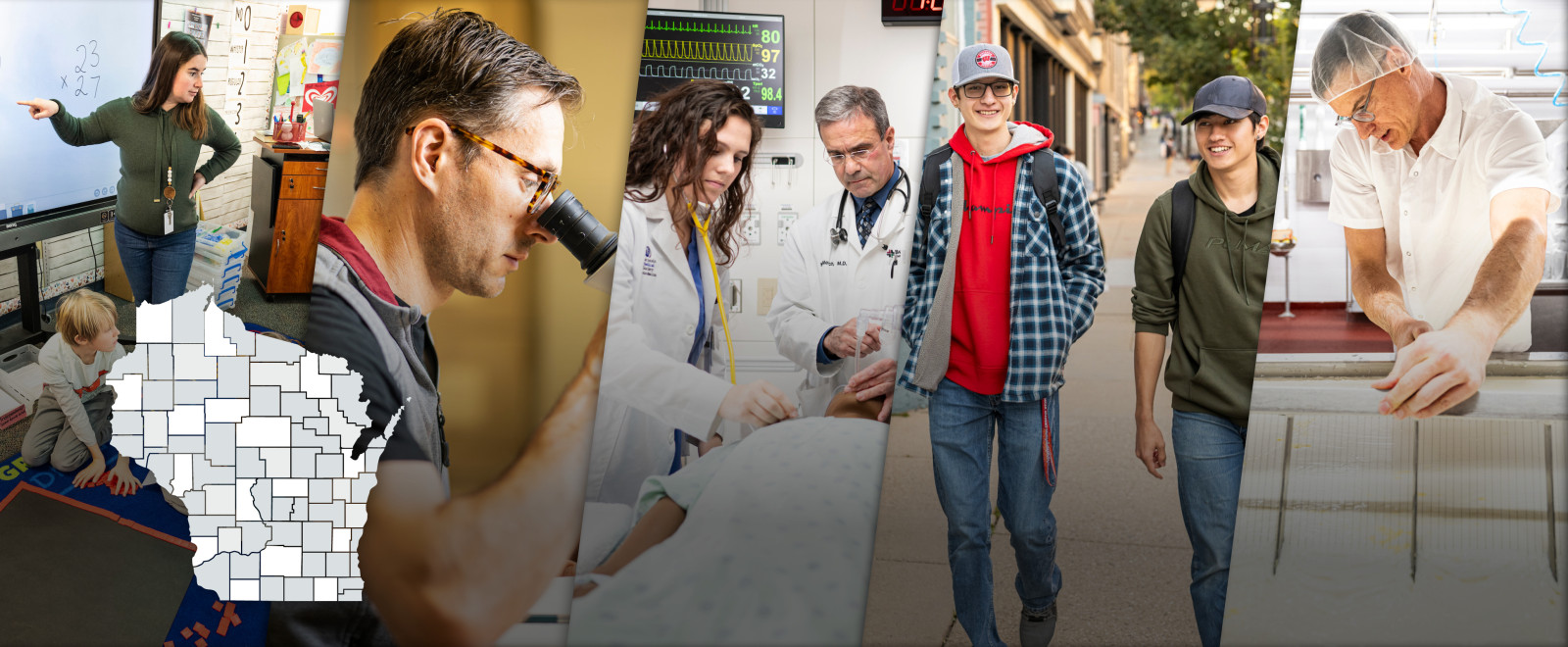 Series of five images: teacher pointing to screen in elementary classroom; person looking through a microscope; doctor and student performing procedure; two students walking, person making cheese