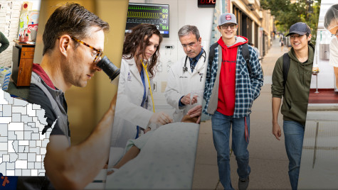 Series of five images: teacher pointing to screen in elementary classroom; person looking through a microscope; doctor and student performing procedure; two students walking, person making cheese
