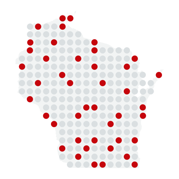 Red and light gray dots making up the shape of the state of Wisconsin