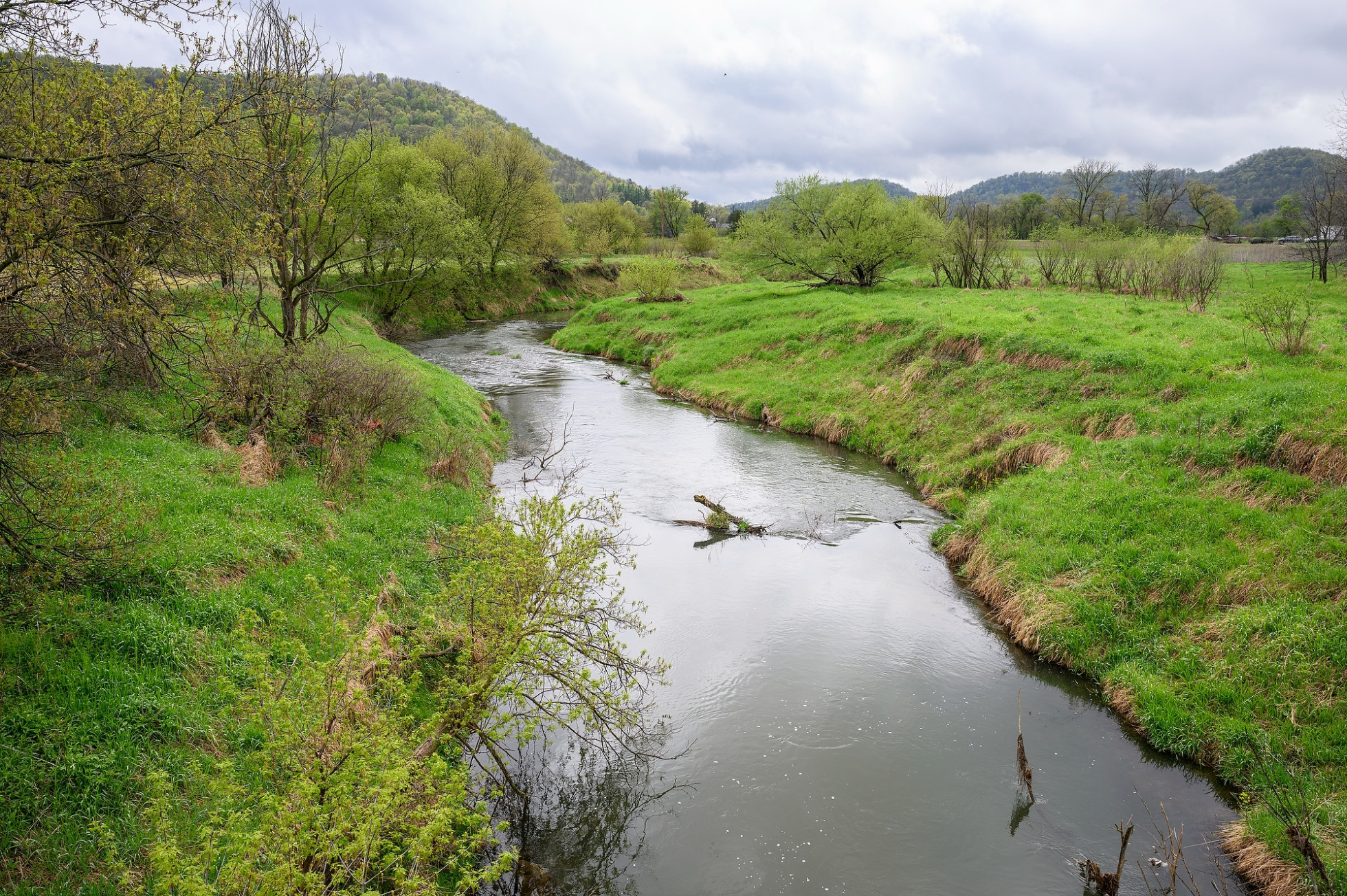 A creek flows through a lush green valley on an overcast day.