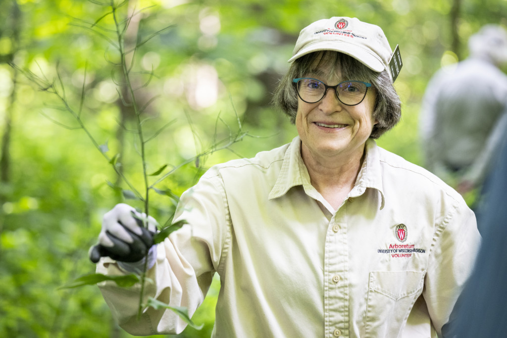 A close up of a smiling Wulfsberg shows her holding up a spindly plant known as garlic mustard. She wears gloves to ensure the invasive species does not spread through skin contact.