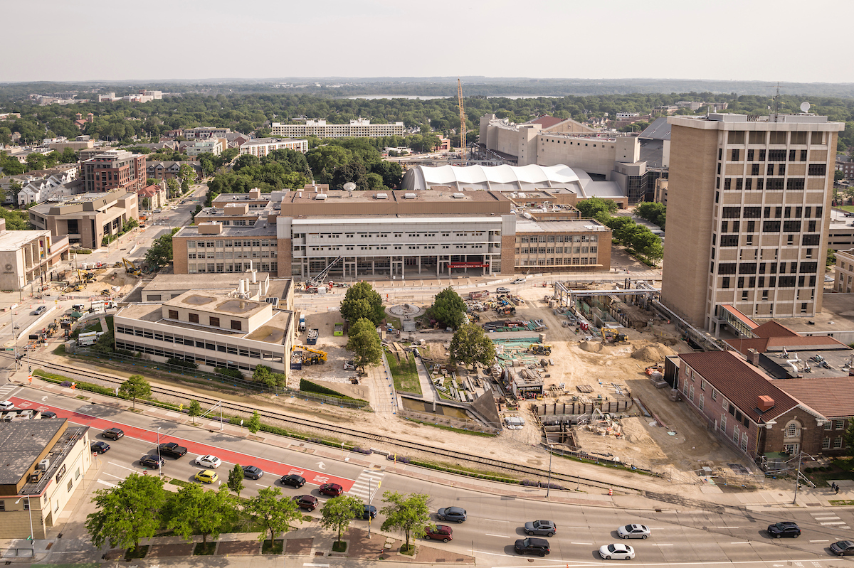 An overhead shot of a building under construction.