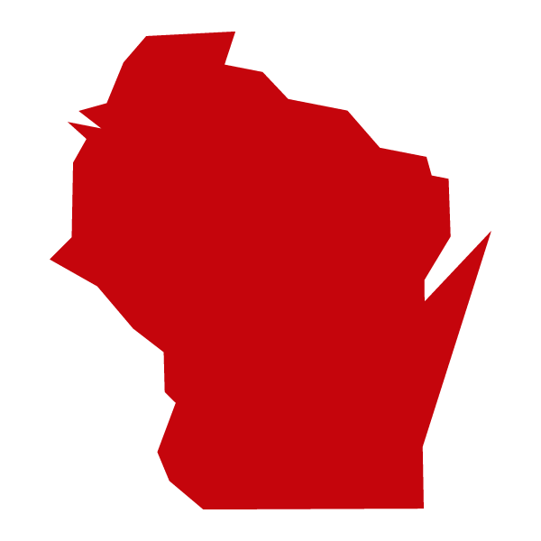 A red silhouette of the state of Wisconsin.