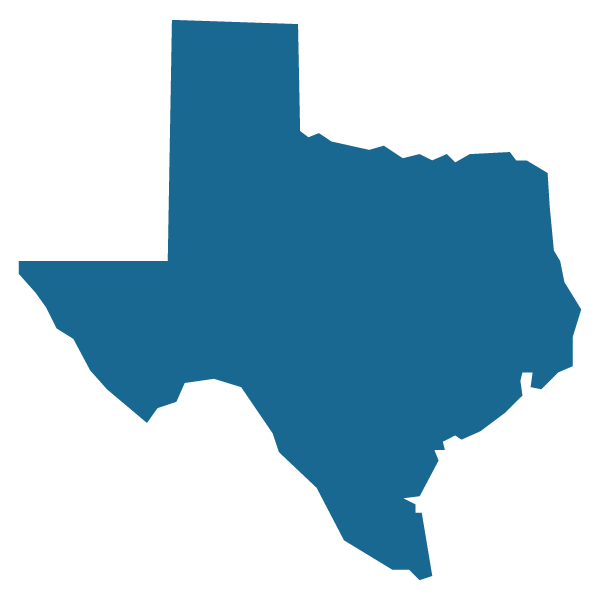 A dark blue silhouette of the state of Texas.