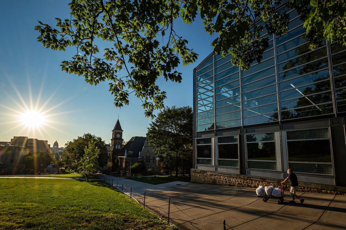 The sun rises over Bascom Hill.