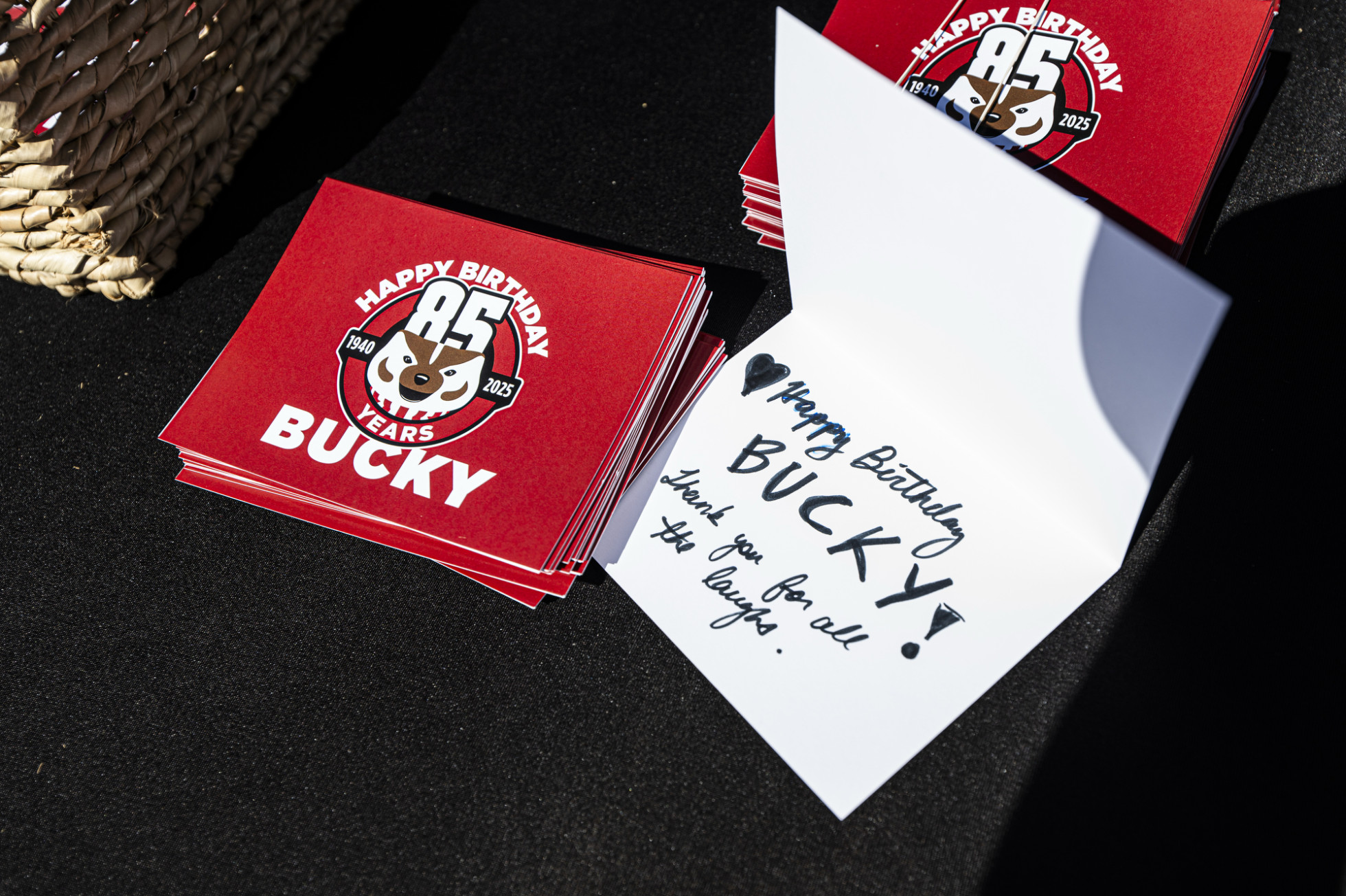 A birthday card for Bucky Badger reads "Happy birthday, Bucky. Thank you for all the laughs." 