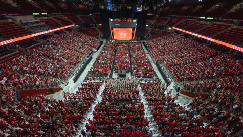 The UW Marching Band hypes up students before Convocation starts at the Kohl Center at the University of Wisconsin–Madison on Sept. 2, 2025.