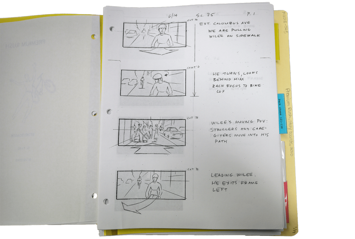 A four-panel storyboard from 'Premium Rush' illustrates a chase scene on Columbus Avenue, showing Wilee navigating pedestrians and traffic while being pursued.