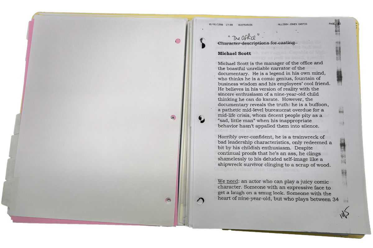 An open binder displays casting character descriptions for 'The Office,' with a detailed profile of Michael Scott highlighting his delusional self-image and comedic traits.