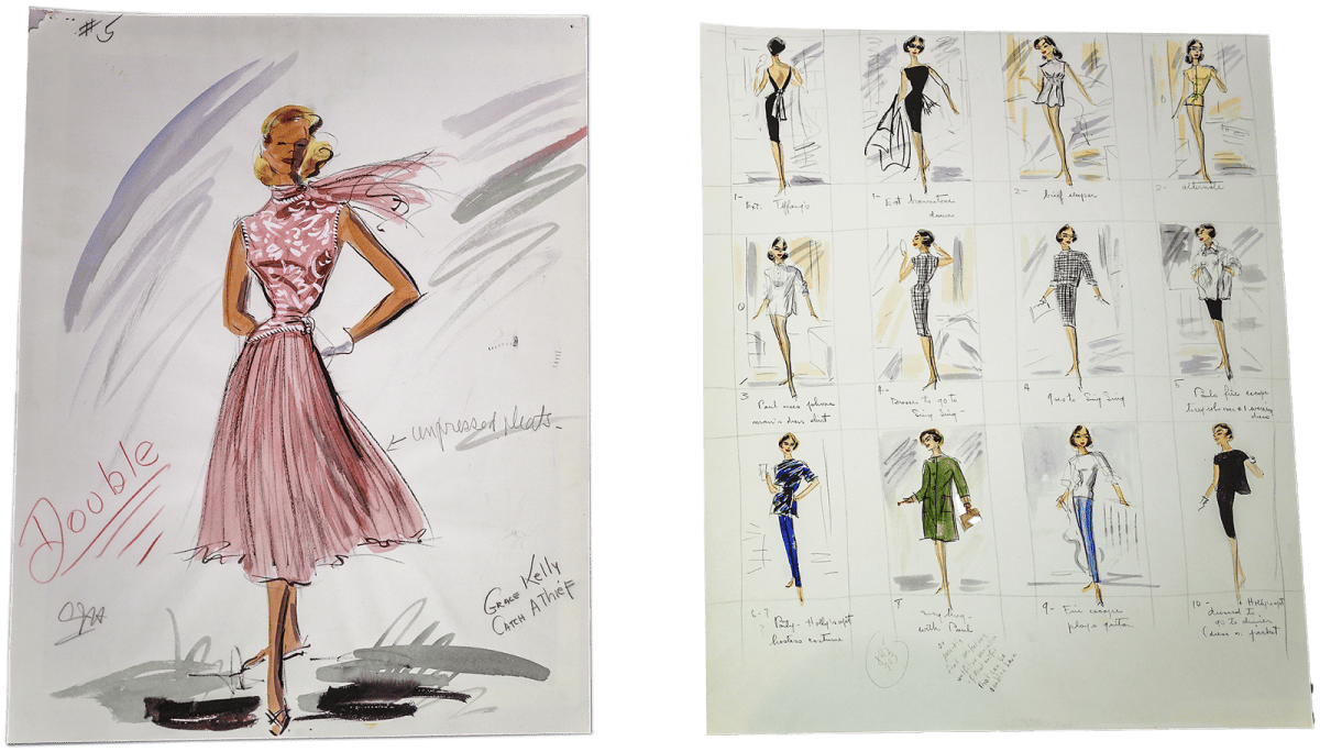Fashion sketches from the costume archive for 'To Catch a Thief', featuring a pink dress labeled for Grace Kelly and twelve smaller outfit designs including dresses, suits, and casual wear.