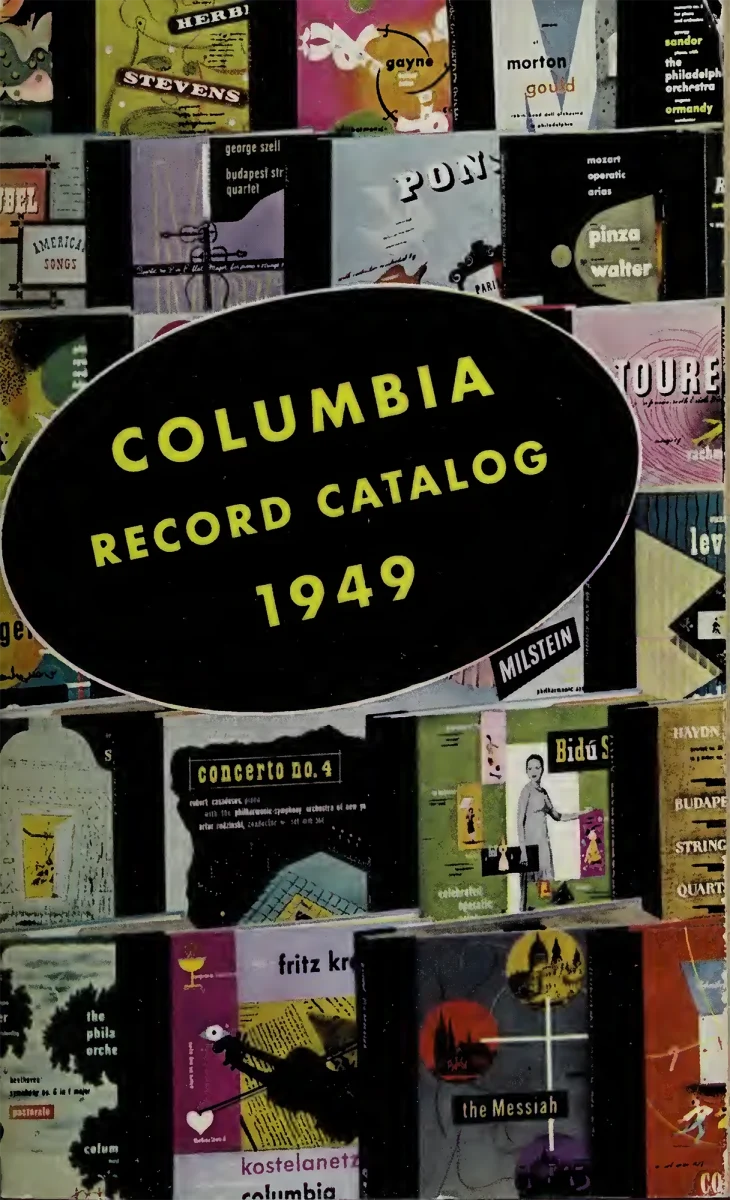 The Cover of the Columbia Record Catalog from 1949 featuring a collection of Columbia record album covers.