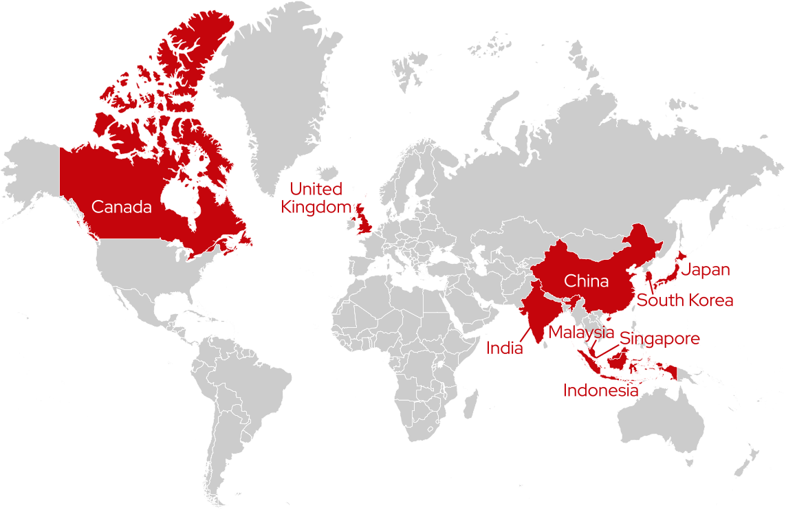 World map with red highlights indicating the top ten countries with the most UW–Madison alumni.