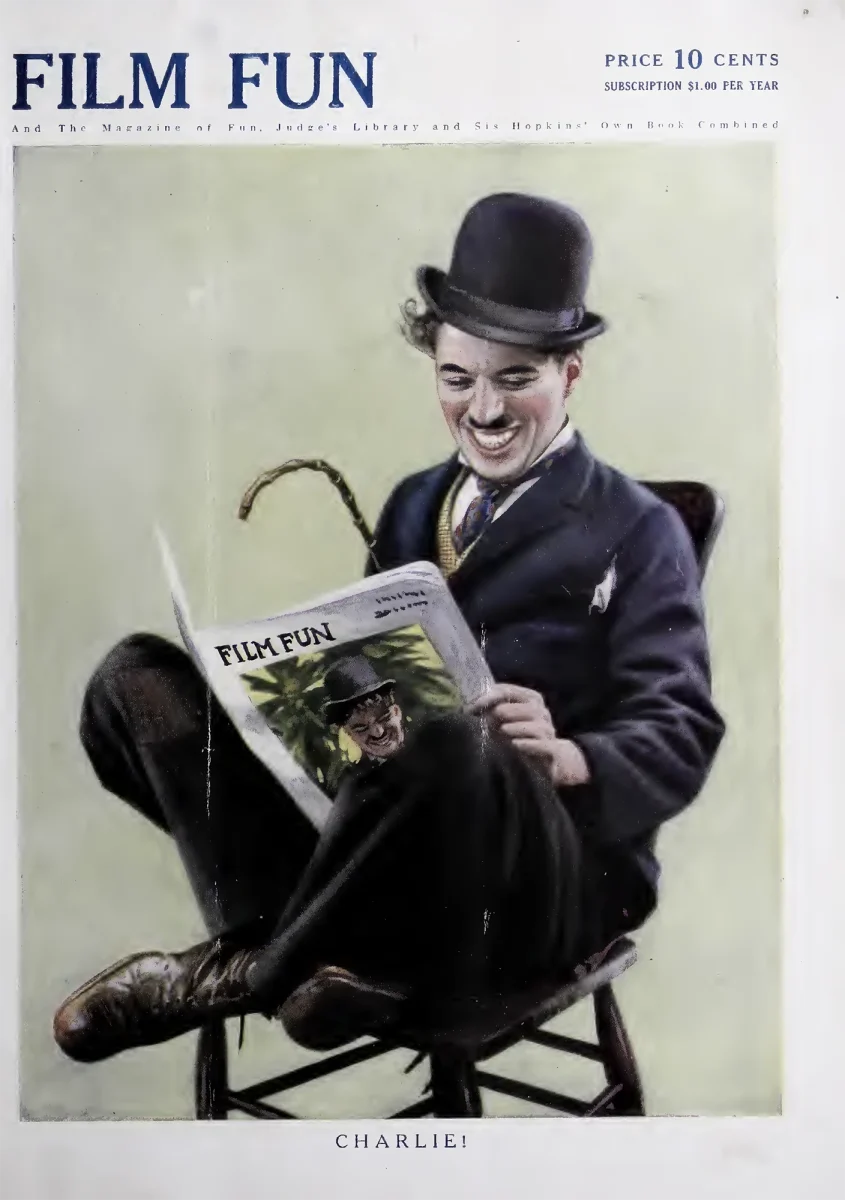 Vintage July 1915 cover of FILM FUN magazine, priced at 10 cents, featuring an illustrated figure in a suit and bowler hat—identified as 'Charlie'—sitting on a chair, smiling, and reading a copy of FILM FUN that also shows the same image, with a cane in one hand.