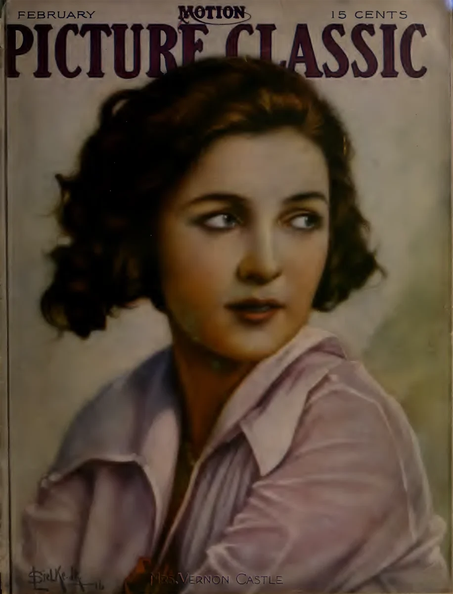Cover of the February issue of Motion Picture Classic magazine, priced at 15 cents, featuring a portrait of Mrs. Vernon Castle with short, wavy hair, wearing a light blouse and gazing thoughtfully to the side.