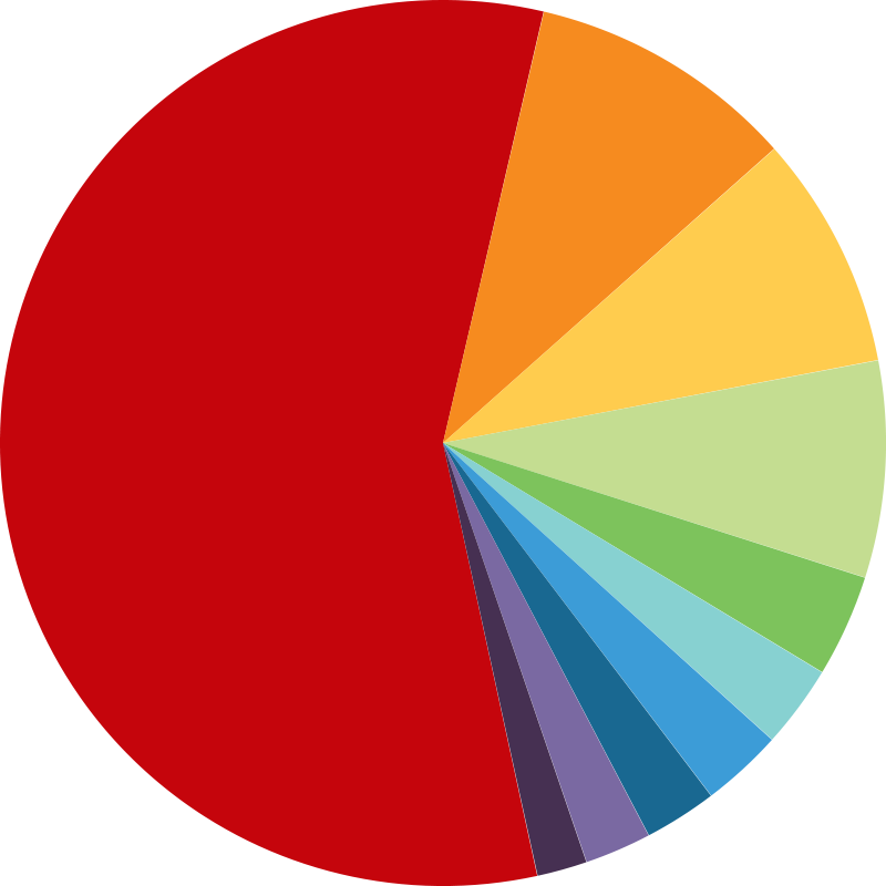 Pie chart divided into ten sectors by color, representing the ten US states with the most UW–Madison alumni. Wisconsin represents more than half of the pie chart.