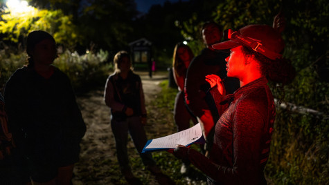 Students wear red light headlamps and gather on a wooded path to talk about bats