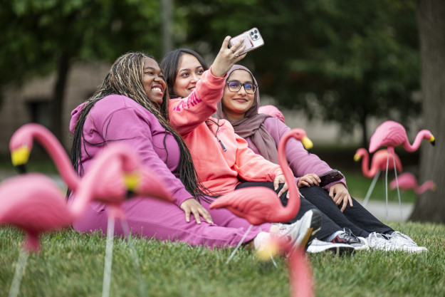 Three students wearing pink sit on among the flamingos on Bascom Hill. One of the girls holds up a phone to take a selfie of the small group.