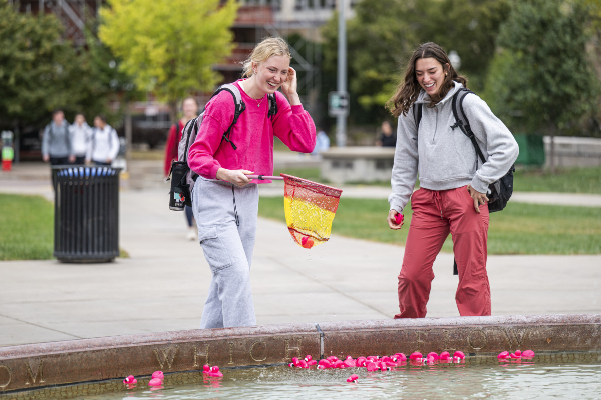 Two students stands next to a fountain to grab a pink flamingo floating in the water.