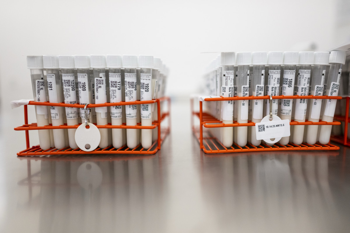 Dozens of milk samples in vials are grouped into two holders.