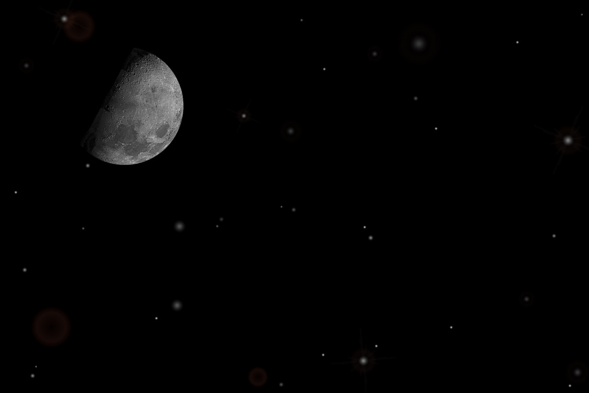 A partially illuminated moon glows against a dark night sky scattered with stars.