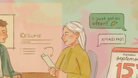 An illustration of shows two people sitting across from each other during a job interview.