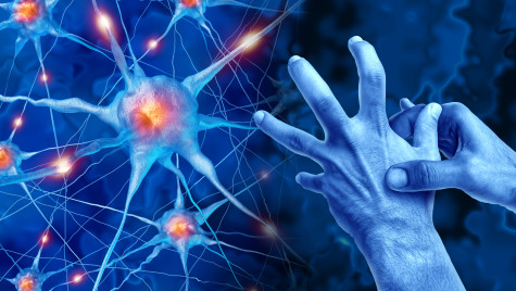 Illustration of nerve cells and hands in pain